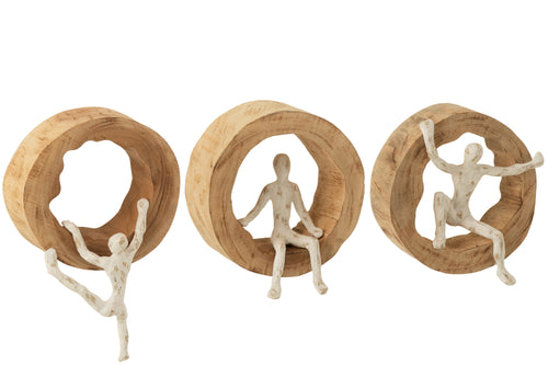 J-Line wanddecoratie Figuur Klimmen - hout/aluminium - naturel/wit - 3 stuks
