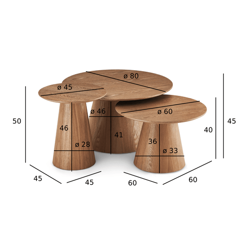 Furnhouse salontafel set Tango - Natuurlijk eikenhout - Ø 45/60/80 cm