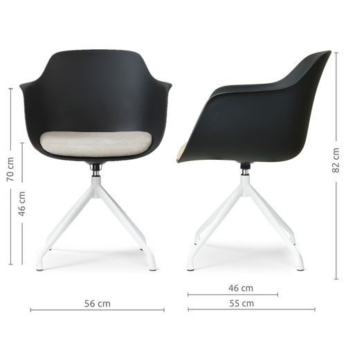Nolon Nola-Liz draaibare eetkamerstoel zwart met naturelbeige zitkussen - wit onderstel