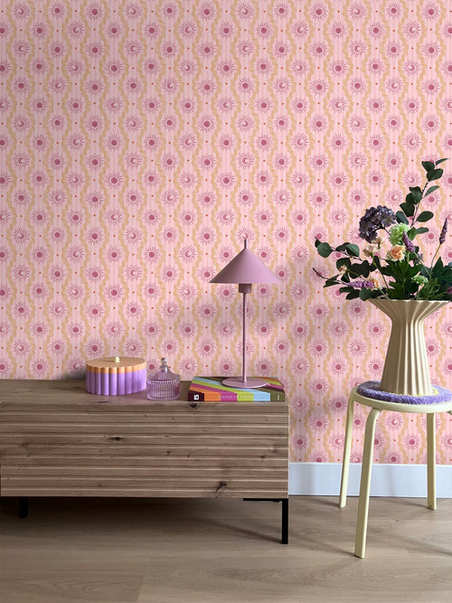 ESTAhome behang zonnetjes paars, roze en geel - 50 x 900 cm - 131712