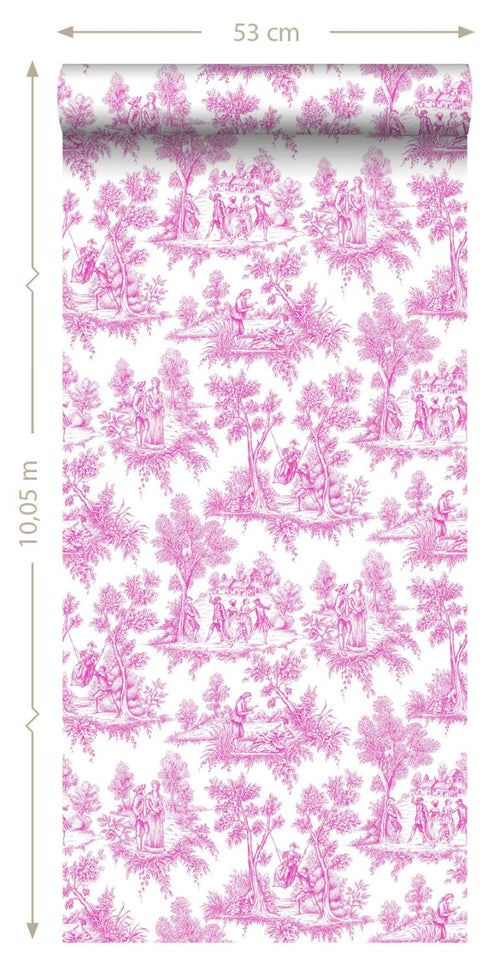 ESTAhome behang toile de jouy print roze - 53 cm x 10.05 m - 136819