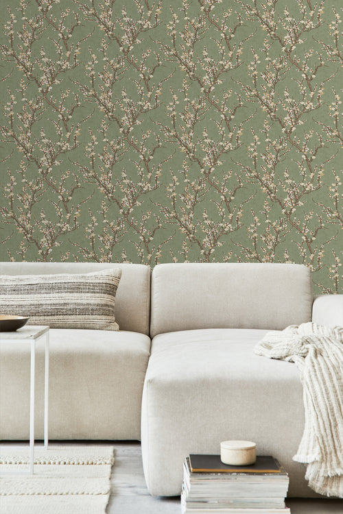 Sanders & Sanders behang bloesemtak vergrijsd olijfgroen en wit - 53 cm x 10 m - 640178 - vtwonen shop