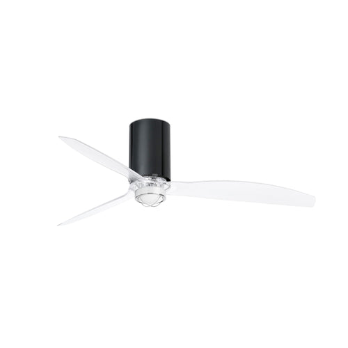 Faro MINI TUBE LED glanzend zwart, transparante plafondventilator met DC-motor, 3000K