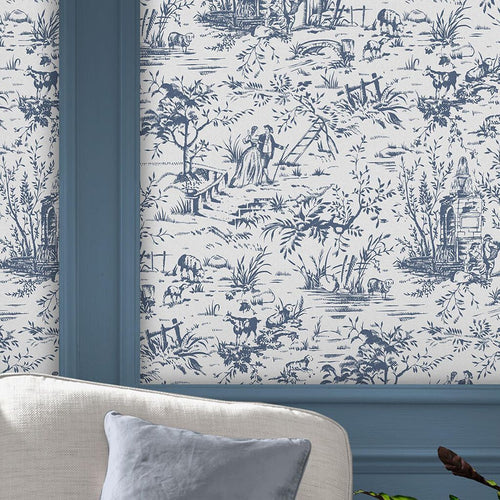 Laura Ashley vliesbehang Toile de Jouy Dark Seaspray - blauw - vtwonen shop