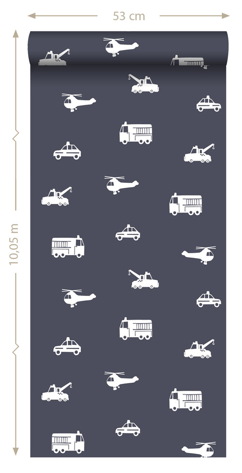 ESTAhome behang auto's, brandweerauto's, helikopters en kranen blauw 53 cm x 10.05 m 138916