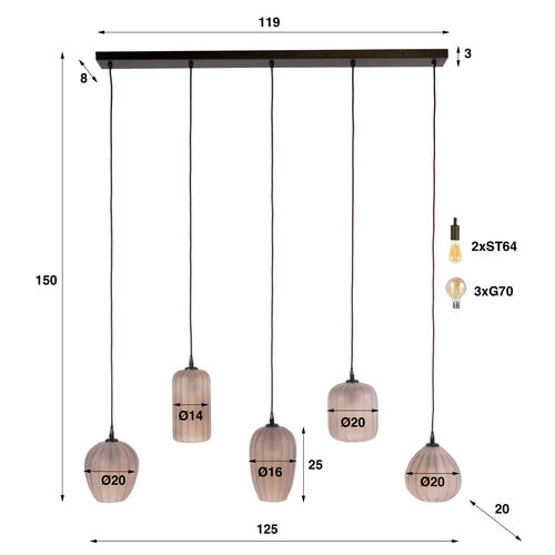 Giga Meubel Hanglamp Altura - Bruin Glas - 5-lichts - 125x20x150cm