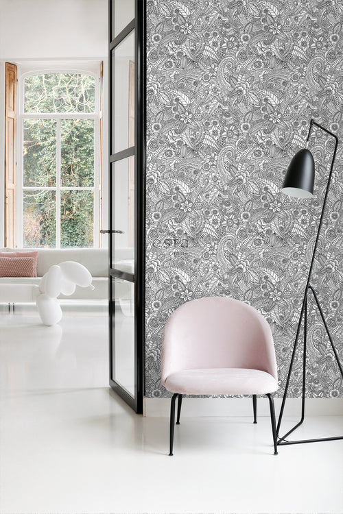 ESTAhome behang bloemtekeningen zwart wit - 53 cm x 10.05 m - 139117