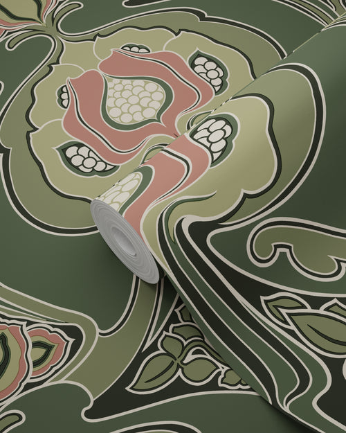 ESTAhome behang vintage bloemen in art nouveau stijl donkergroen - 53 cm x 10.05 m - 139571 - vtwonen shop