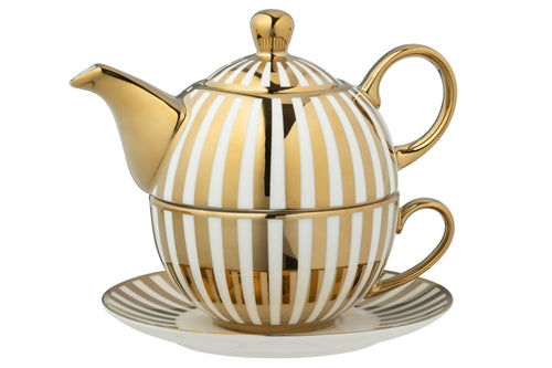 J-Line theepot Gestreept - porselein - goud/wit