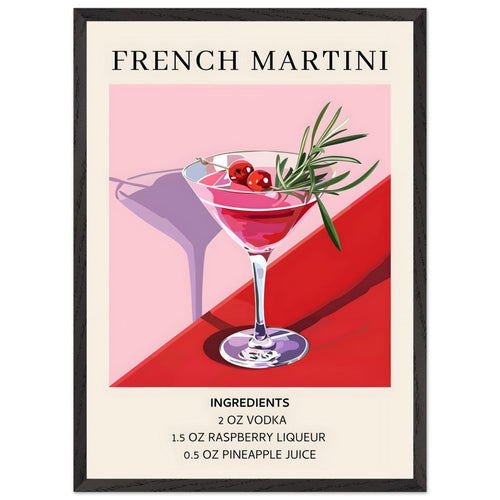 Artfulprints Poster met Lijst French Martini cocktail - Ingrediënten   - 50x70 cm - Roze