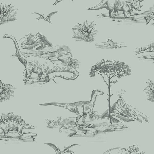 ESTAhome behang dinosaurussen vergrijsd zeegroen - 53 cm x 10.05 m - 139556