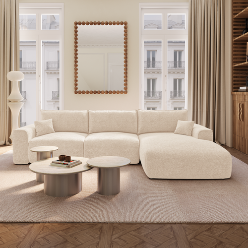 Premium Interiors - Rechthoekige hoekbank met snelle slaapfunctie COMO - bouclé-stof crème 300cm