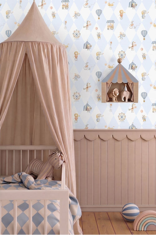 Sanders & Sanders behang circus figuren lichtblauw en wit - 53 cm x 10.05 m - 640618