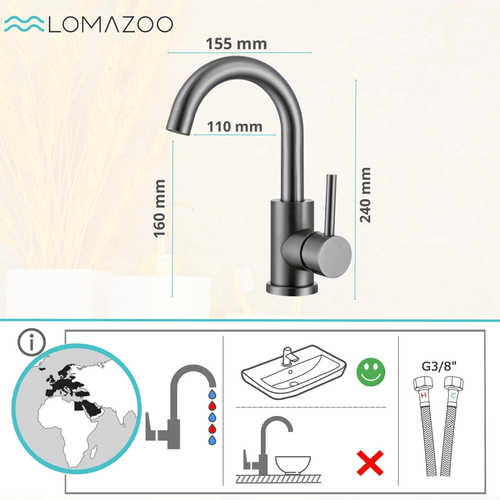 LOMAZOO wastafelkraan Chloe - mengkraan - gun metal