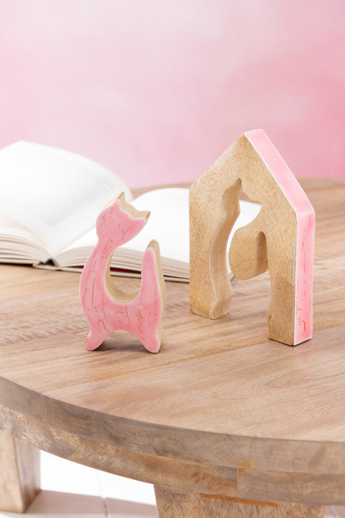 J-Line decoratie Huis Kat - hout - roze/naturel - small