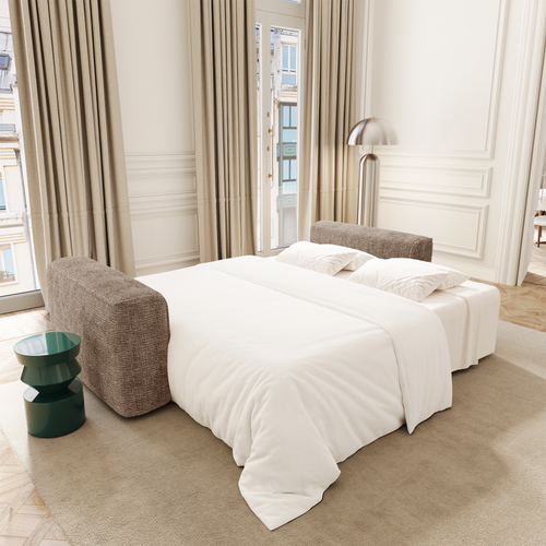 Premium Interiors - Slaapbank met opbergruimte COMO - zacht aanvoelende geweven stof bruin 254cm