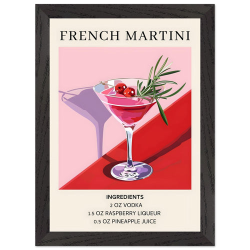 Artfulprints Poster met Lijst French Martini cocktail - Ingrediënten   - A4 21x29.7 cm - Roze