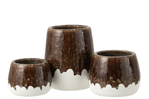 J-Line bloempot 2 Delig - keramiek - wit/bruin - large