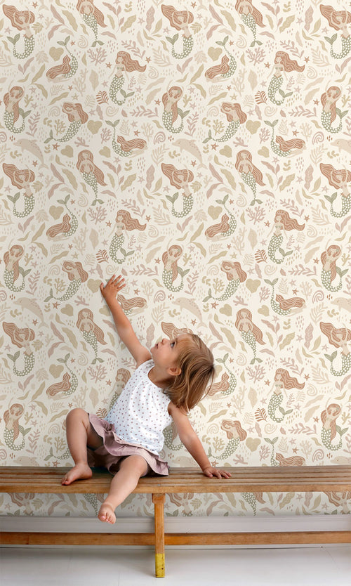 ESTAhome behang zeemeerminnen vergrijsd groen, beige en terracotta - 50 x 900 cm - 131498 - vtwonen shop