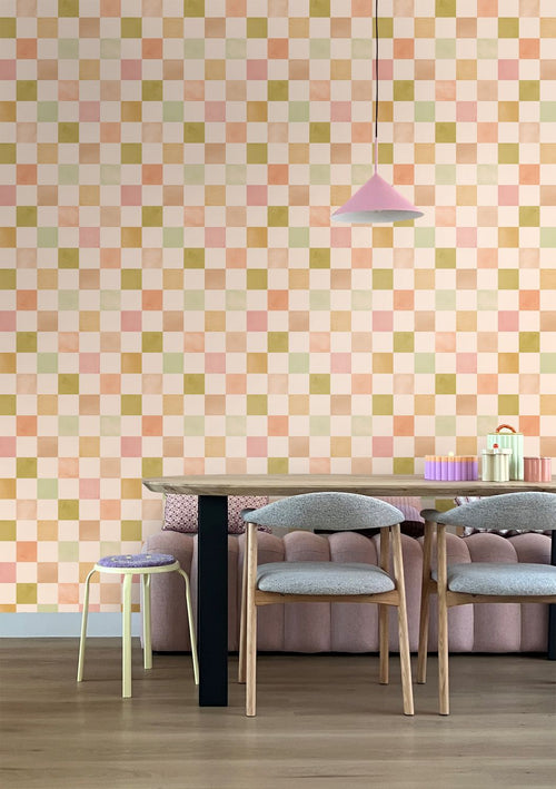 ESTAhome behang geblokt motief beige, roze en groen - 50 x 900 cm - 131721