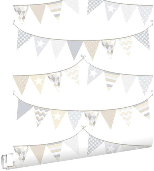 ESTAhome behang vlaggetjes lichtgrijs, beige en glanzend wit - 53 cm x 10.05 m - 128709