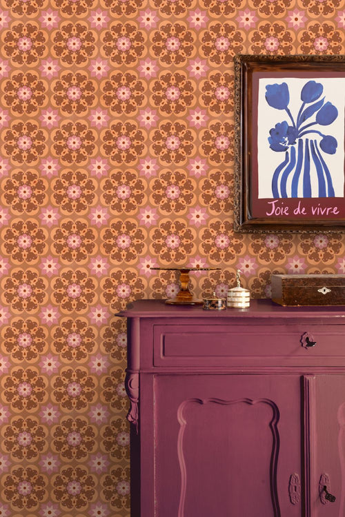 ESTAhome behang tegelmotief bruin, roze en paars - 50 x 900 cm - 132073