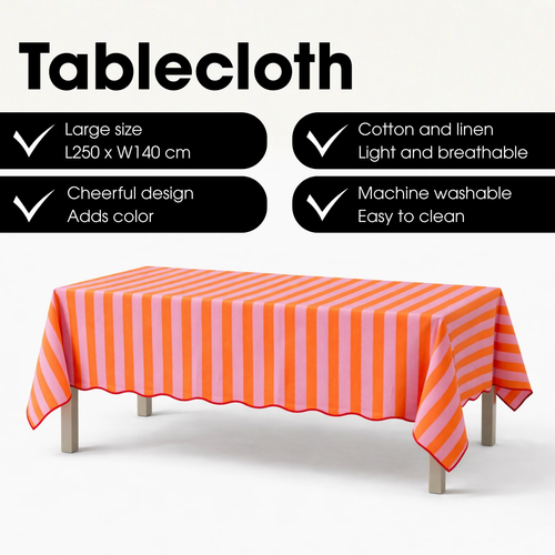Mica Decorations Gestreept Tafelkleed voor Eettafel - Tafellaken voor Binnen en Buiten 250 x 140 cm - Tafelzeil 100% Katoen - Oranje, Roze