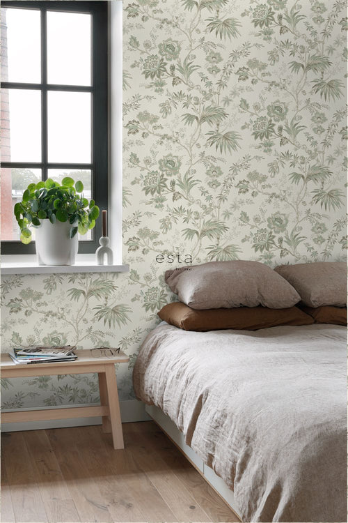 ESTAhome behang vintage bloemen crème en vergrijsd groen - 53 cm x 10.05 m - 139400