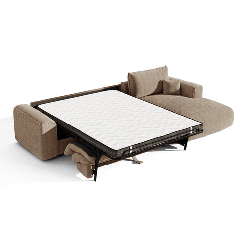 Premium Interiors - Rechthoekige hoekbank met snelle slaapfunctie COMO - weefsel met ruitpatroon, voelt zacht aan bruin 300cm
