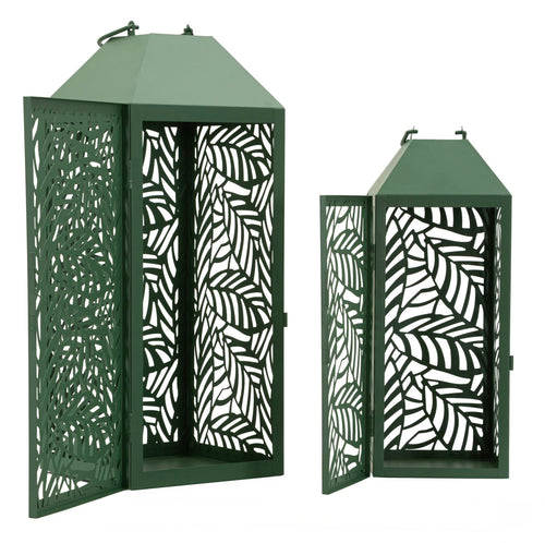 Set van 2 metalen lantaarns groen 18x18x44 - 14x14x34 cm