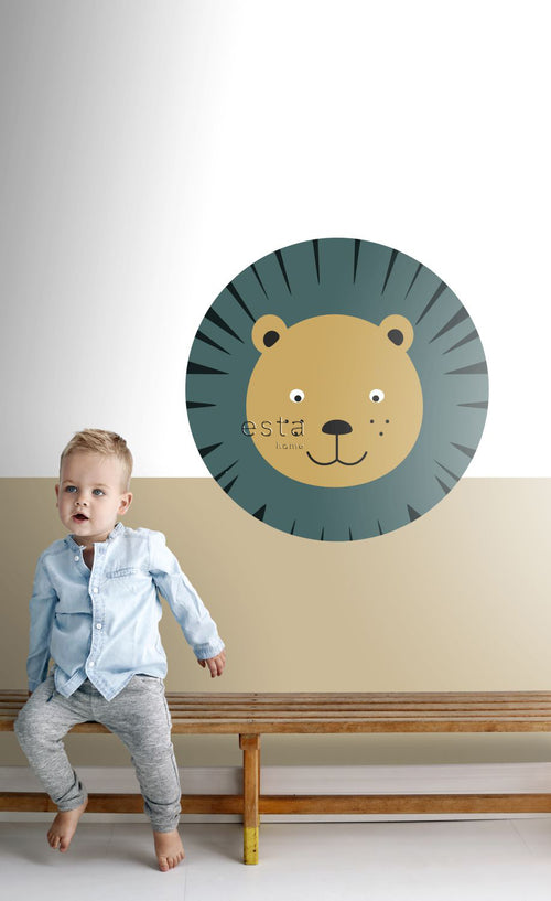 ESTAhome zelfklevende behangcirkel dierenkoppen petrolblauw en okergeel - Ø 70 cm - 158974