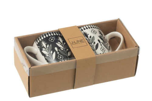 J-Line mok Bladeren - keramiek - zwart/wit - doos van 2 - vtwonen shop