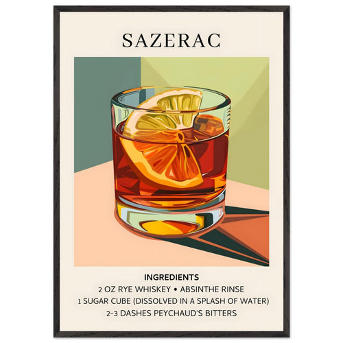 Artfulprints Poster met Lijst Sazerac cocktail - Ingrediënten   - 70x100 cm - Meerkleurig