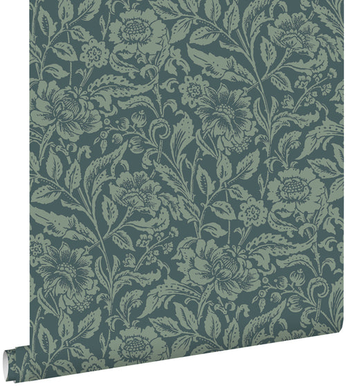 ESTAhome behang vintage bloemen donkerblauw en vergrijsd groen - 53 cm x 10.05 m - 139429