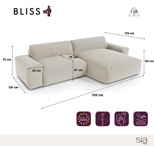 Sia Home - Hoekbanken rechts BLISS - XXL ribfluweel - Crème - 220cm - vtwonen shop