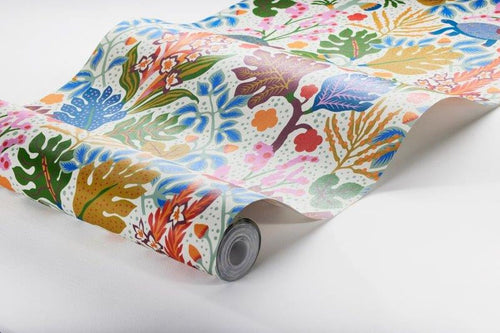 Borastapeter behang bladeren groen, geel, roze en blauw - 49 cm x 10.05 m - 660831 - vtwonen shop