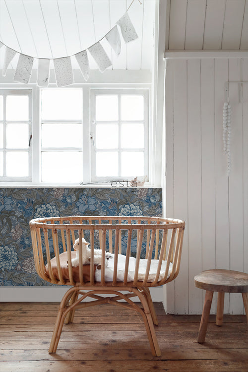 ESTAhome behang vintage bloemen vergrijsd blauw en warm grijs - 53 cm x 10.05 m - 139480