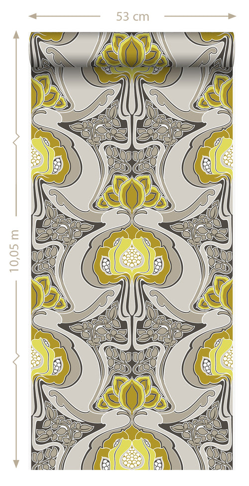 Origin Wallcoverings behang jugendstil bloemmotief okergeel en grijs - 53 cm x 10,05 m - 347206 - vtwonen shop