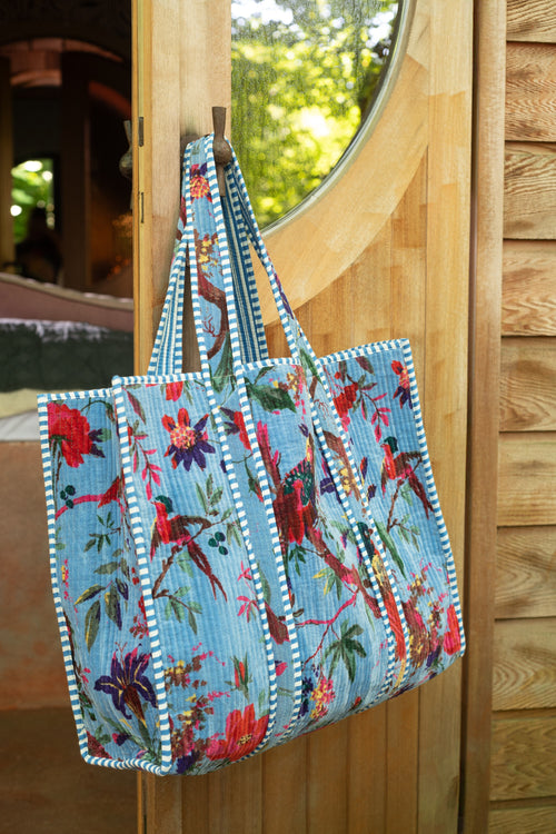 J-Line tas Vogels/Bloemen - katoen/fluweel - blauw