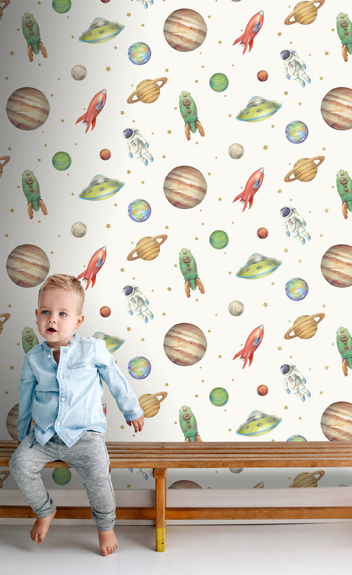 Sanders & Sanders behang planeten in de ruimte wit, groen en rood - 53 cm x 10.05 m - 935346