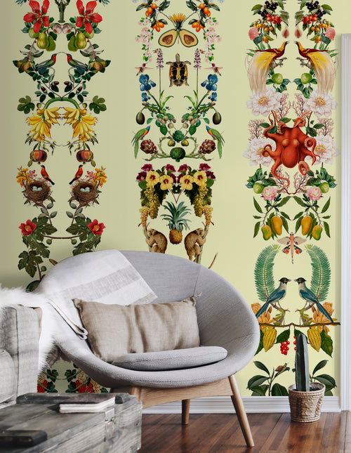 Walls4You fotobehang tropische bladeren en bloemen pastel geel en meerkleurig - 300 x 212 cm - 640101