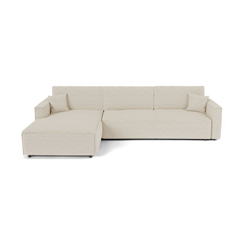 Premium Interiors - Linkshoekbank met slaapfunctie en opbergruimte  - stof met tweed-effect crème 197cm