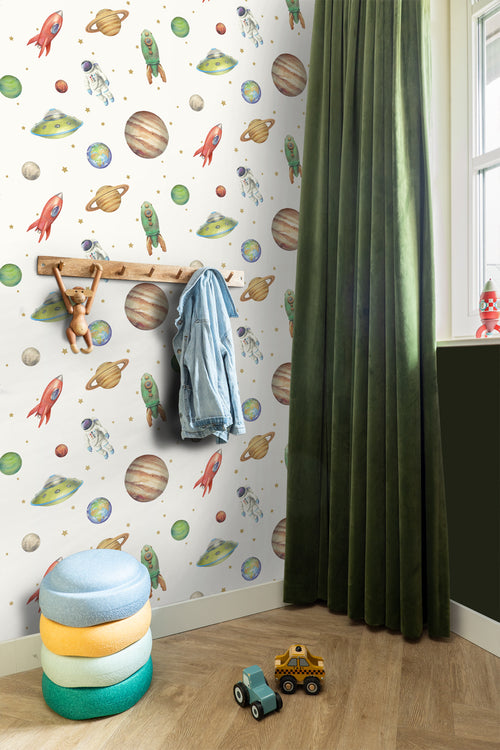 Sanders & Sanders behang planeten in de ruimte wit, groen en rood - 53 cm x 10.05 m - 935346