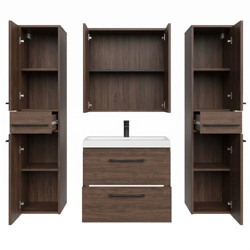 Badplaats Badkamermeubel Set Florence 60 cm XL – Walnoot Bruin – Hangend Badmeubel met Wastafel, Spiegelkast en Zijkasten
