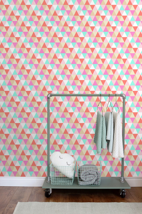 ESTAhome behang driehoekjes roze, turquoise en koraal rood - 53 cm x 10.05 m - 138714