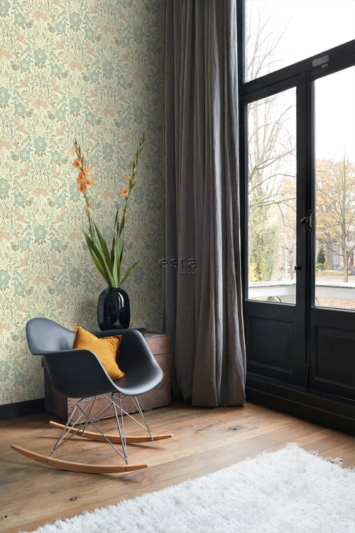 ESTAhome behang bloemen en vogels in art nouveau stijl vergrijsd blauw, bruin en oudroze - 0,53 x 10,05 m - 139323 - vtwonen shop