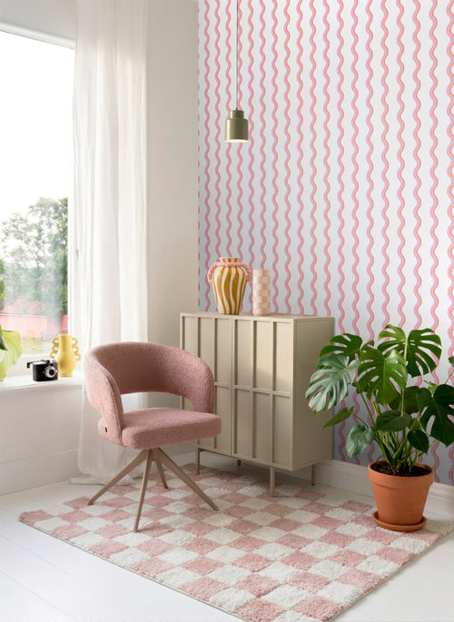 ESTAhome behang golvende strepen roze, oranje en wit - 50 x 900 cm - 131722