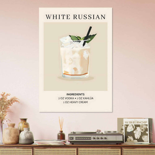 Artfulprints Poster White Russian cocktail - Ingrediënten   - A4 21x29.7 cm - Wit