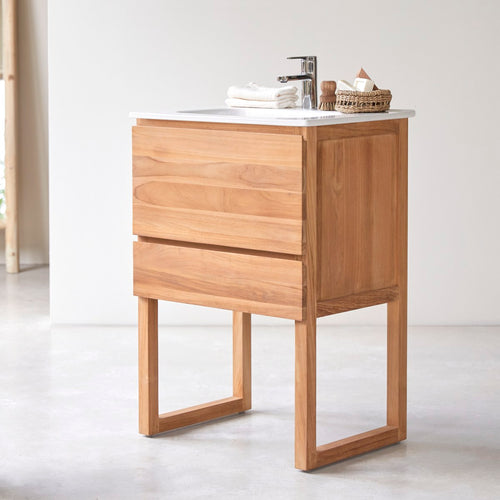 Tikamoon Badkamermeubel van massief teakhout en keramiek 60 cm - Naturel - vtwonen shop