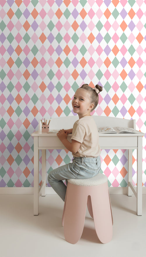 ESTAhome behang ruitjes lila paars, oranje en roze - 50 x 900 cm - 131765